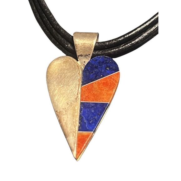 Jay King DTR Lapis Coral Inlay Heart Black Leather 925 Sterling Necklace - Picture 5 of 9